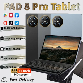 2025 Global Version PAD 8 Pro Snapdragon 8GEN2 Android 15 Tablet 11Inch HD 16GB+1TB 12000 mAh 5G Dual SIM Wifi Tables PC