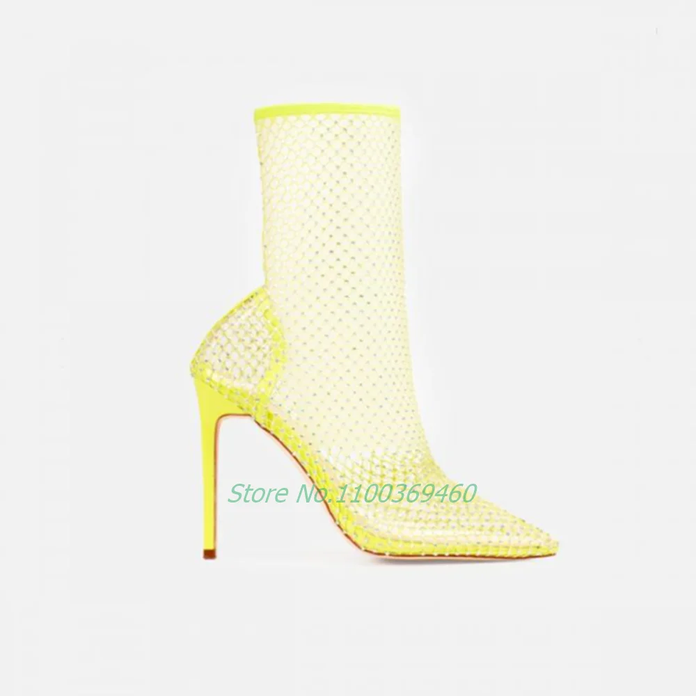 Crystal Mesh Pointed Toe Sandals Ankle Boots Stiletto High Heel Slip On Yellow Solid Sexy Luxury Women Shoes Summer Hot Selling
