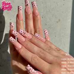 Summer Chic Polka Dot Press - On Nails with 3D Floral Accents in Pink, Yellow, and Brown French Tips (XS (polka dots 3))