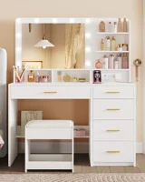 Hzuaneri Туалетный столик с 10-светодиодной подсветкой, табурет, туалетный столик с большим зеркалом, с розеткой, держателем для фена