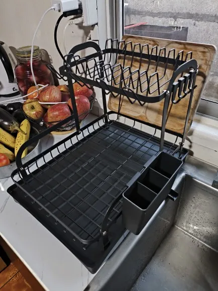 New 360° rotating storage rack double-layer kitchen tableware drying rack with drain tableware storage rack for tableware photo review