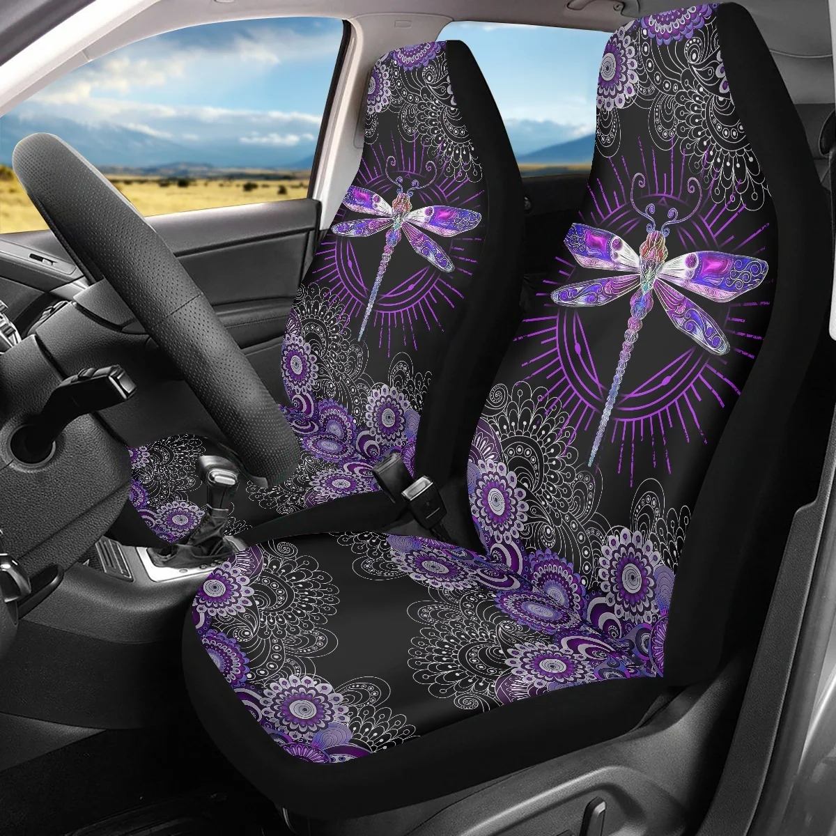 

2 Set Car Seat Cover Luxury Boho Purple Dragonfly Mandala Design Front Vehicle Seat Covers Car Accessory Universal Fit Most Cars