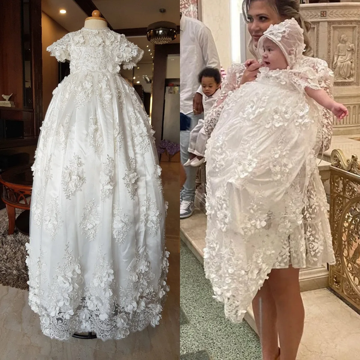 

Luxury Baptism Dress Baby Girls Robe Lace Christening Gown With Bonnet Off White Ivory Custom Made 3 6 9 12 15 18 24 month