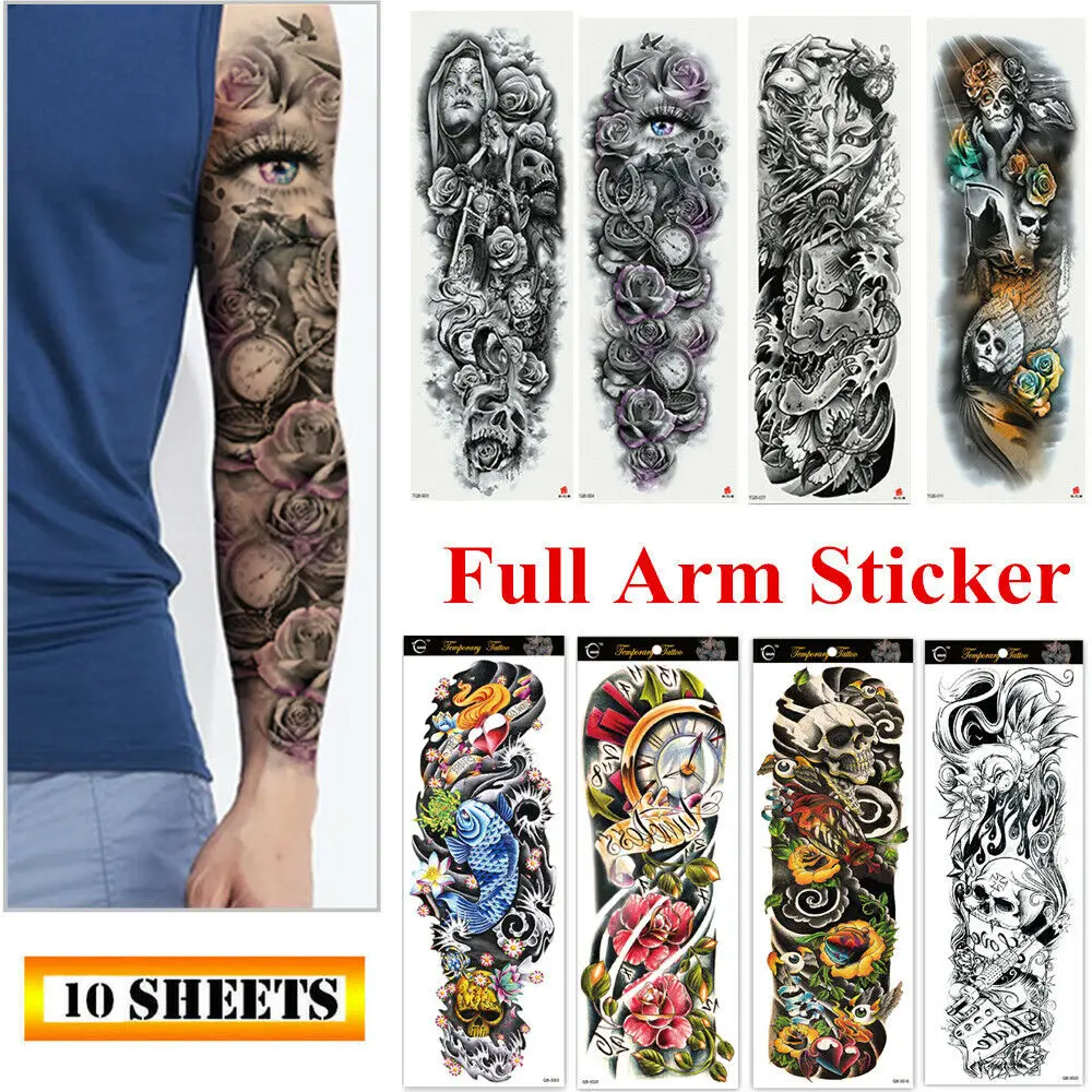 

10 Sheets Fake Temporary Tattoo Large Full Arm Sticker Waterproof Black Color