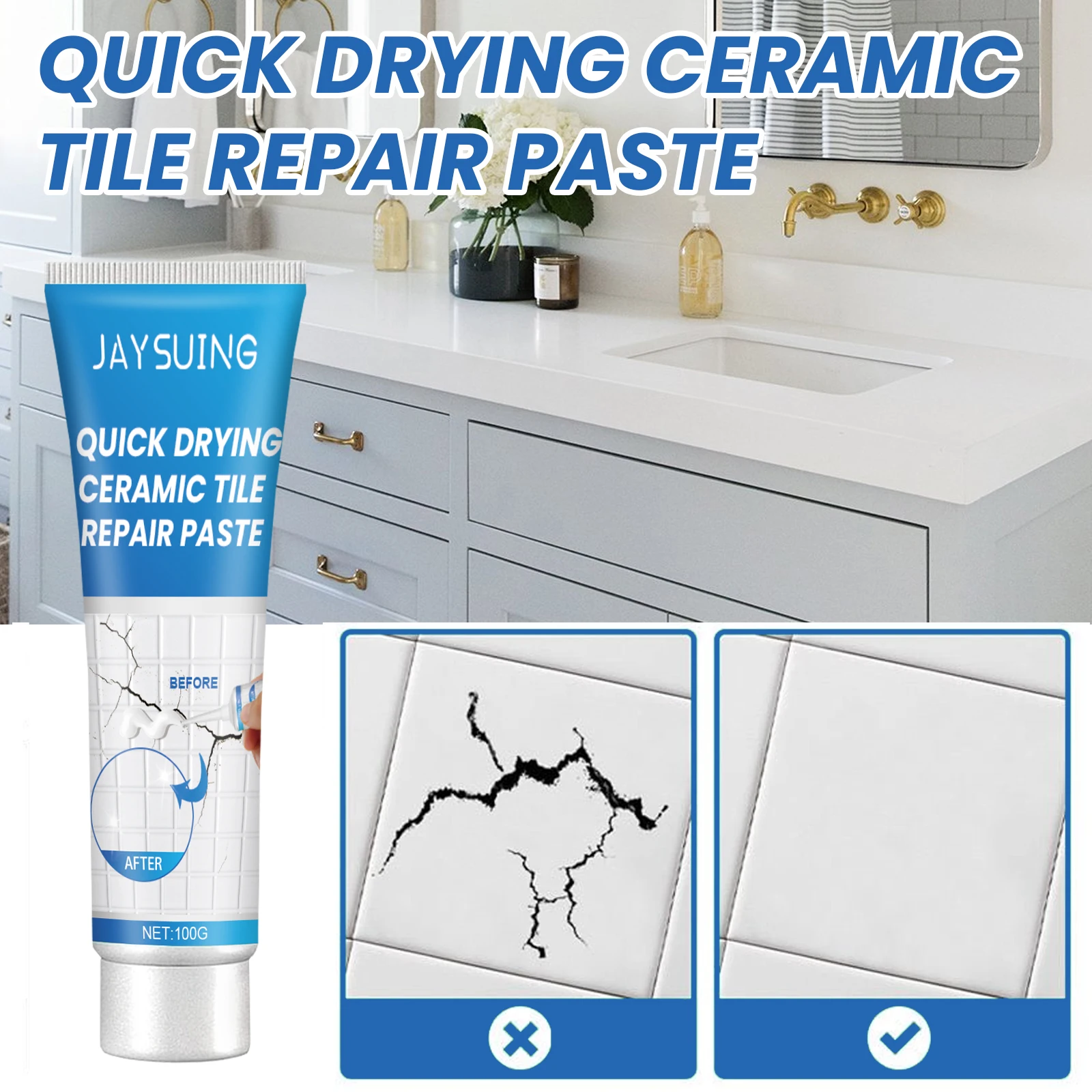 Jaysuing Ceramic Tile Repair Adhesive for Bathtub Furnitute Strong Sealing Quick Drying Dustproof Waterproof Ceramic Repair Glue