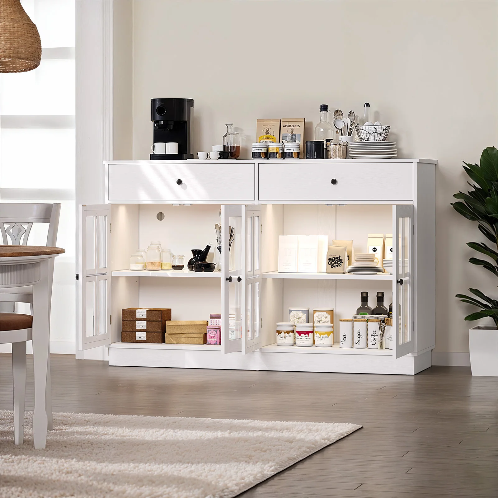 Christmas 53" Buffet Cabinet LED Light Storage Sideboard Cabinet With Spacious Tabletop 2 Sliding Drawers Clear Display Doors