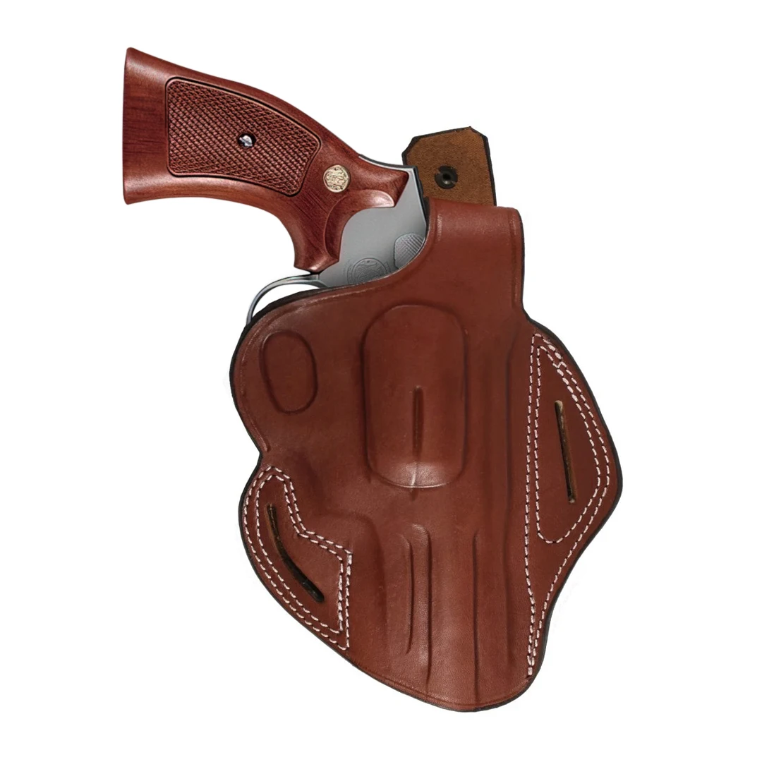 

Leather Gun Holster For S & W 38 Cal (6 Inch) Pancake Style Owb Carry Two Slot Thumb Break Pistol Firearm Weapon Accessory Cover