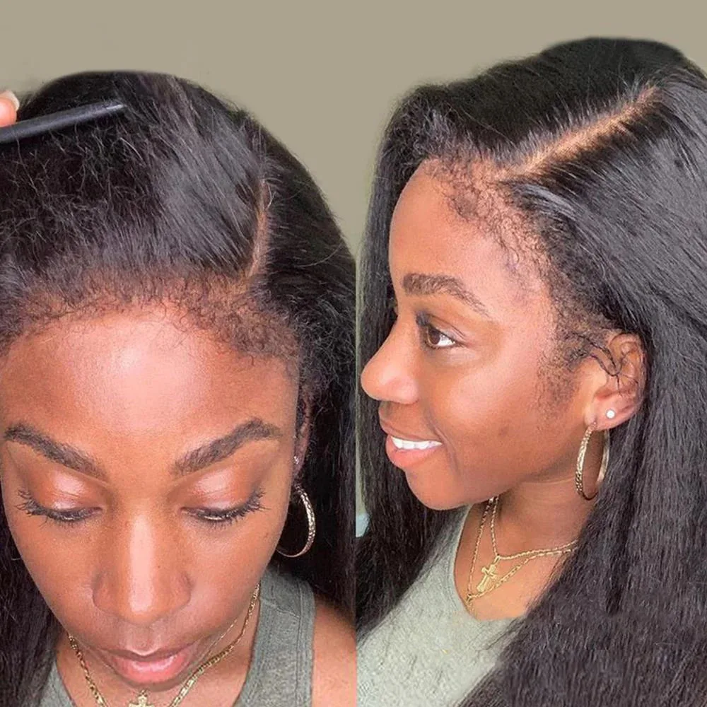 4C kinky Edges Kinky Straight Invisible Drawstring 360 Full HD Lace Front Wig Yaki Straight Glueless Wigs Human Hair Frontal Wig 2