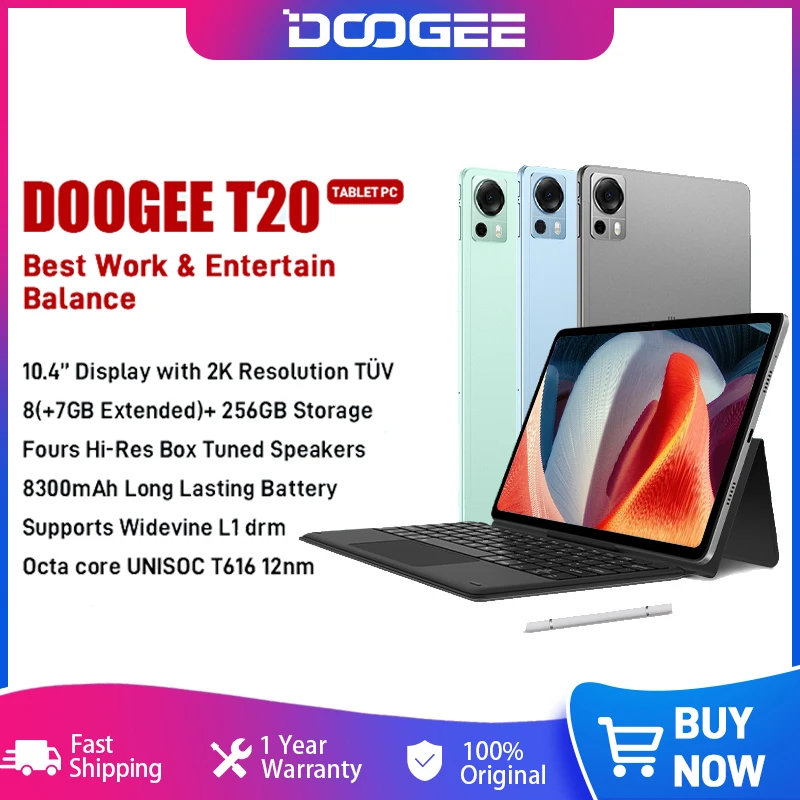 Doogee-t20タブレット,8GB RAM,256GB ROM,10.4インチ,2k tü vディスプレイ,オクタコア,12nm,wevine  l1パッド,4スピーカー,8300mah - AliExpress