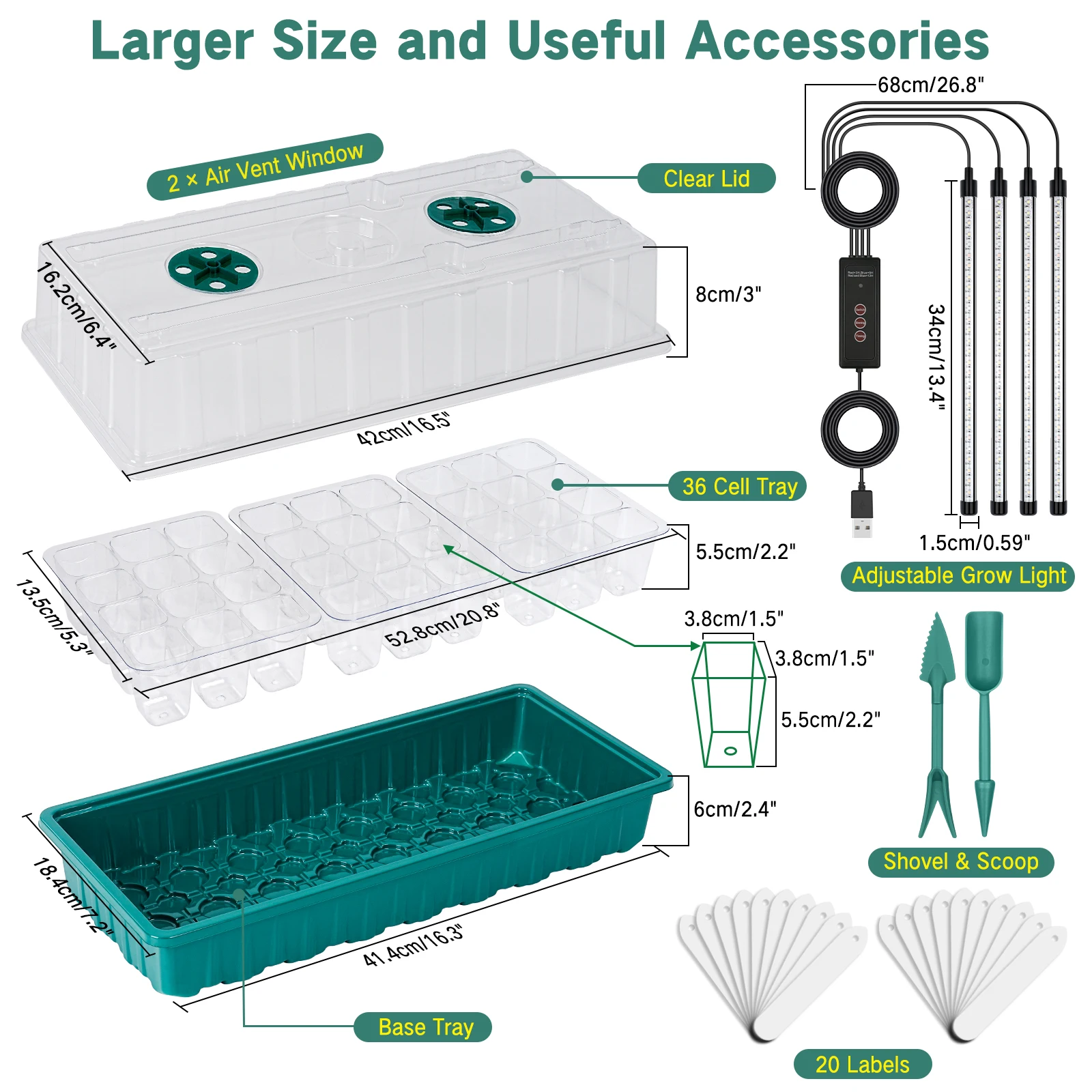 Seed starter tray with grow light, 36-cell seed germination kit, with humidity dome,and adjustable three-color lighting. 2