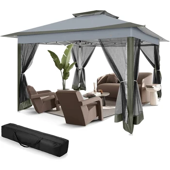 3x3m Pop Up Garden Gazebo Waterproof Outdoor Metal Pavilion Gazebo with Mosquito Net 4 Ropes 8 Stakes Carry Bag for Patio Backyard 1