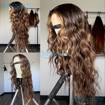 Balayage Brown Blonde Loose Wavy Highlight 5x5 Silk Top Closure Wigs Remy Brazilian Pre Plucked 13x6/360/Full Lace Frontal Wigs