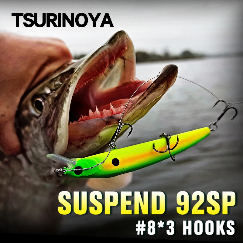 

TSURINOYA 92SP Suspending Pike Floating Minnow Lures 92mm 9g DW78 Fishing Wobblers Long Casting Jerkbait Baits Three 8# Hooks