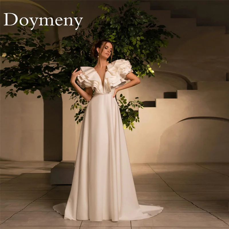 Doymeny-플러터 슬리브 a라인 미카도 웨딩 드레스, 새틴 v넥 버튼 백 튤 이브닝 드레스, 로브 드 마리에