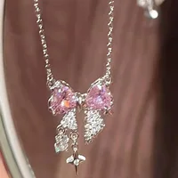 Sweet Pink Bow Necklace Ladies Fashion Sparkling Rhinestone Star Shape Pendant Clavicle Chain Delicate Wedding Accesories - Image 4