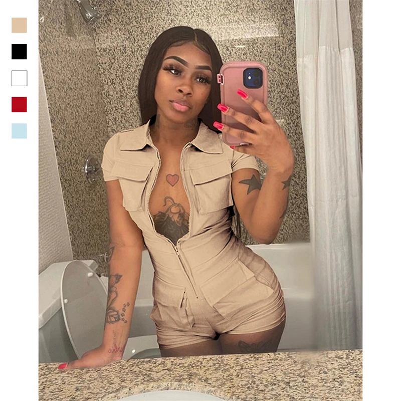 Women Solid Cargo Playsuits 2023 Summer Turn Down Collar Short Sleeve Zip Up Multi Pockets Shorts Jumpsuit Fashion Casual Romper