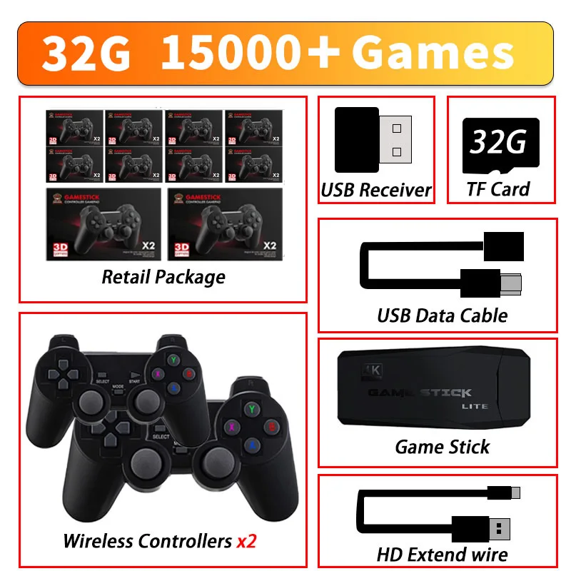 

2022 Retro Game Console 4K HD 32G 15000 Games 2.4G For PSP PS1 GBA New Video Game Console Double Wireless Controller Game Stick