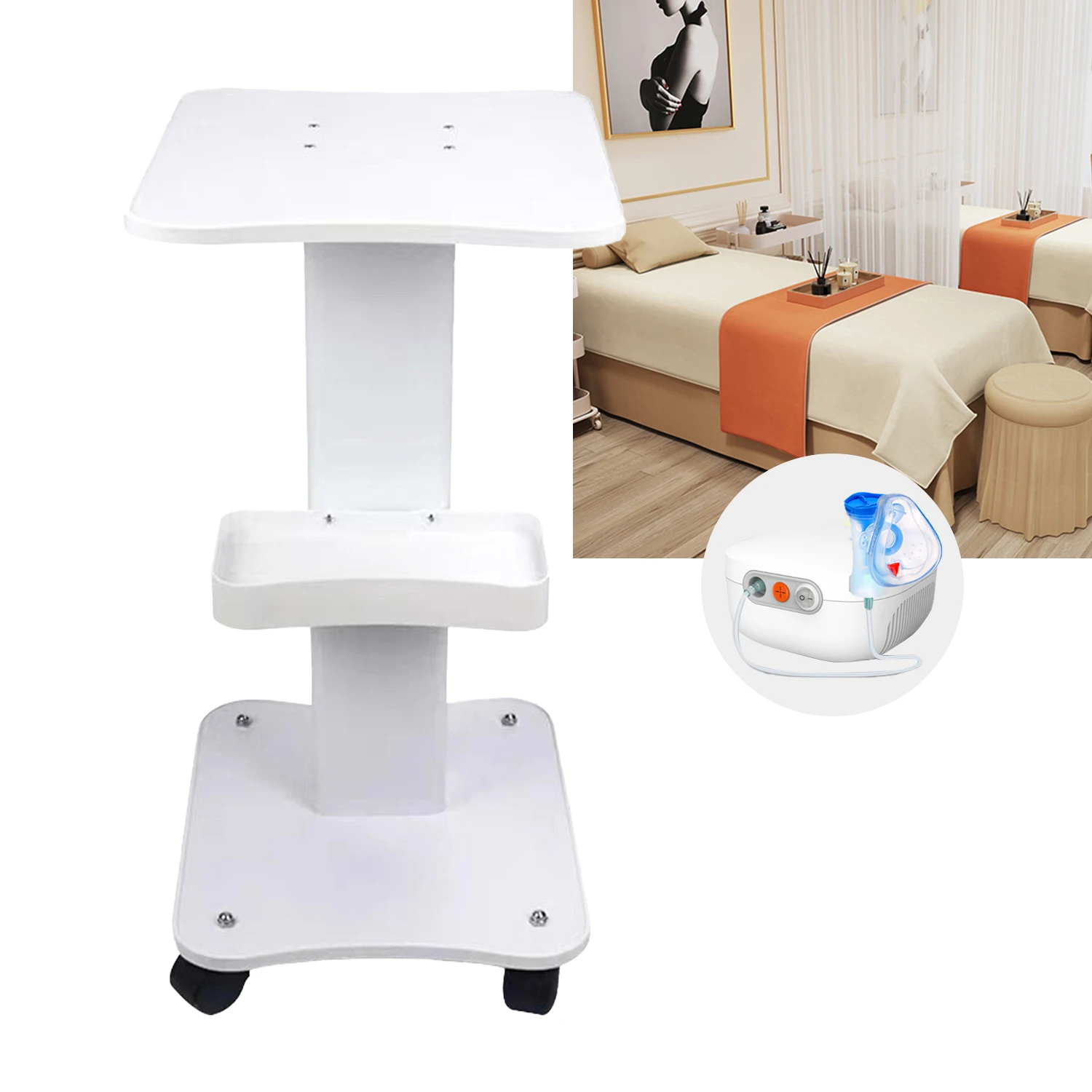 Salontisch mit 360°-Drehfunktion ° Geräuschloser Rollwagen mit Anti-Rutsch-Platte, 40 kg Tragkraft, für Schönheitsgeräte, Griffdesign für Schönheitssalons – Detail 13