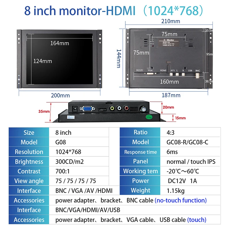Zhixianda Small Size 8 Inch 4:3 1024x768 HDMI TFT LCD HD Industrial Grade Resistive Capacitive Touch Screen Open Frame Monitor