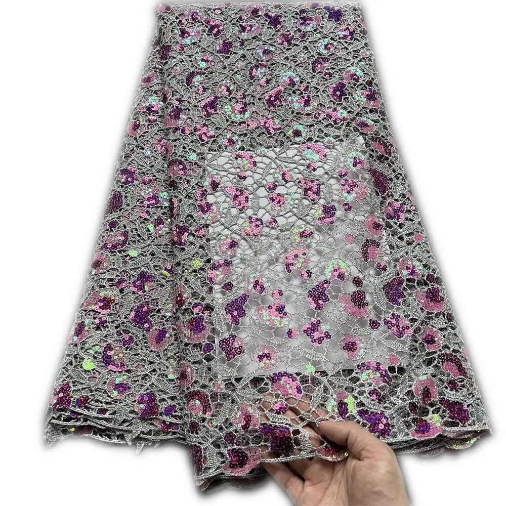 

Nigeria Guipure Lace with Sequins Embroidery African Cord Lace Cupion Fabrics Garment Sew For Lady Dress