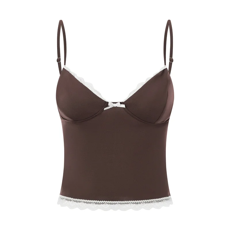 y2k Lace Trim Crop Top Women Summer Sexy V Neck Spaghetti Strap Sleeveless Tanks with Bow 2000s Clothing Streetwear
