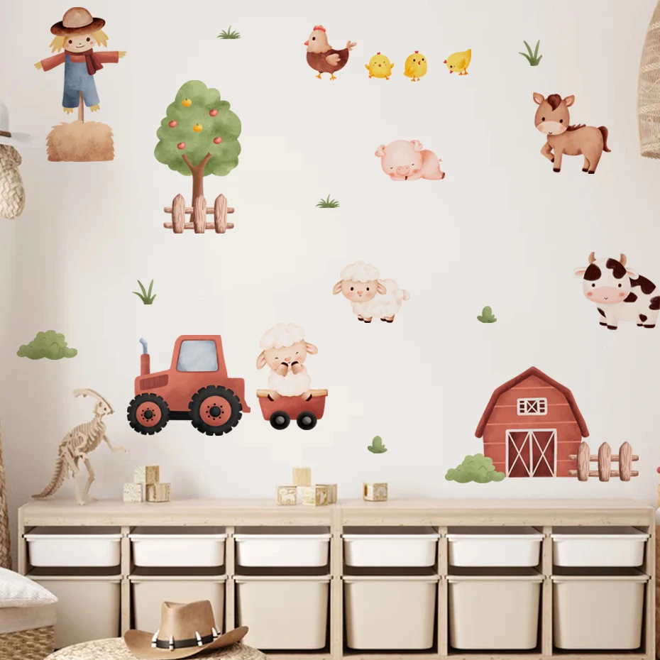 

Watercolor Cartoon Farm Animal Wall Sticker Kids Room Decoration Cow Chick Mural Art Diy Home Decals Poster Children Gift