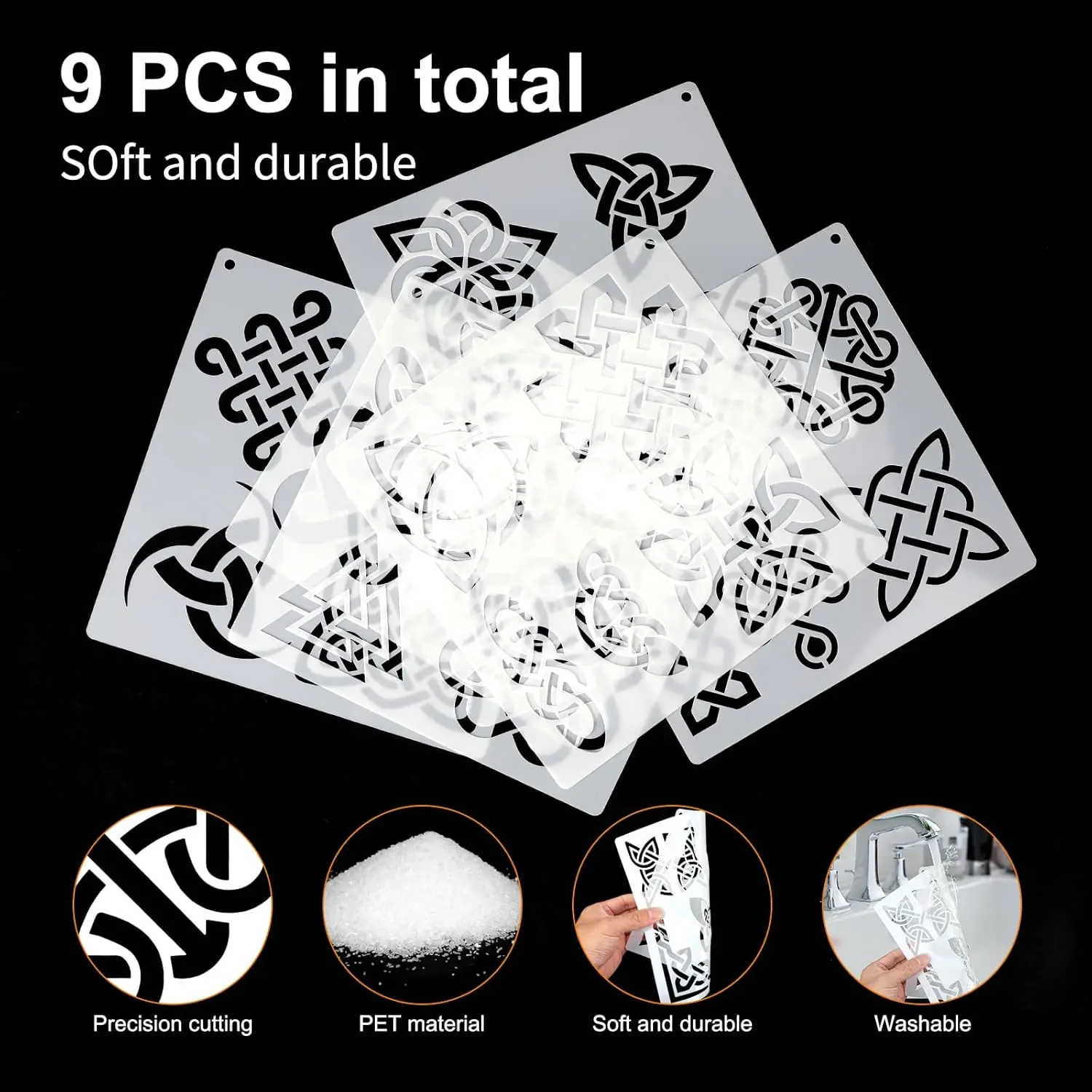9PCS 11.8×11.8인치 켈틱 매듭 패턴 페인팅 스텐실 세트 DIY 공예 벽 나무 직물 장