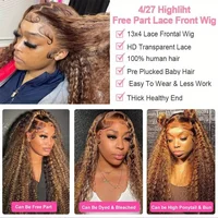 4/ 27 mettre en évidence miel brun bouclés Transparent HD 13x4 dentelle frontale réel perruques de cheveux humains Ombre couleur vague d'eau profonde pleine perruques 6