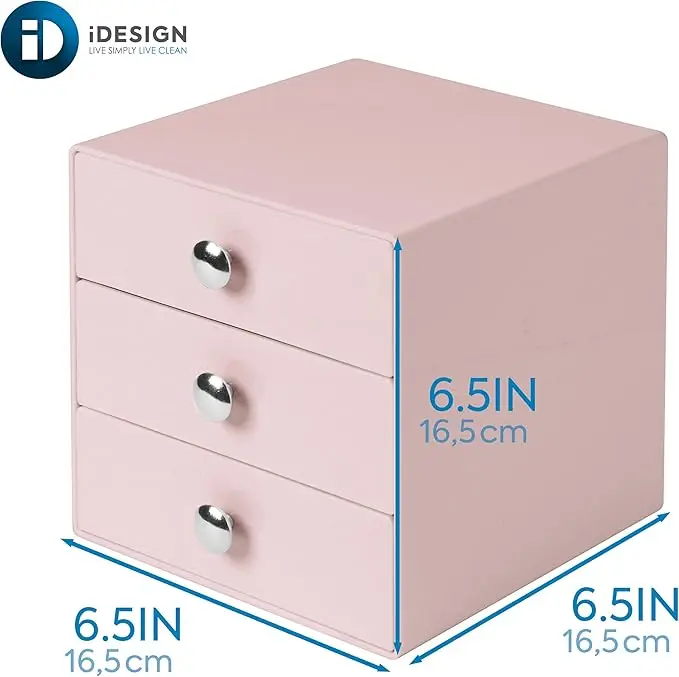 Compact 3-drawer plastic organizer, 6.5" x 6.5" x 6.5", pink. Perfect for storing jewelry, cosmetics 3