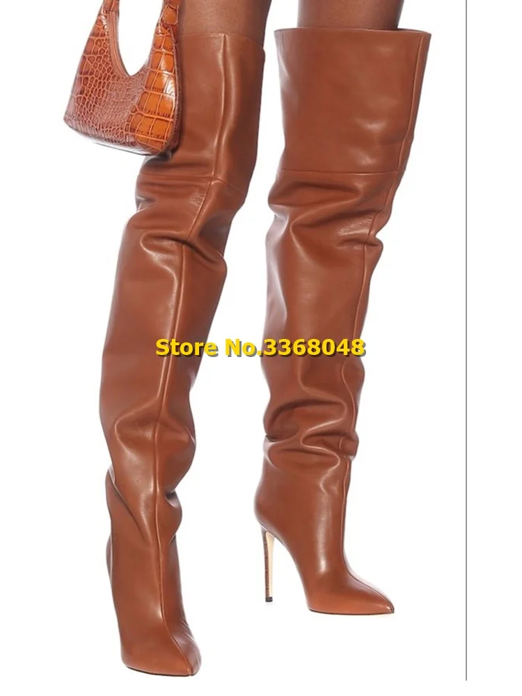 Brown Leather Thigh High Boots Stiletto High Heel Sexy Pointed Toe Over ...