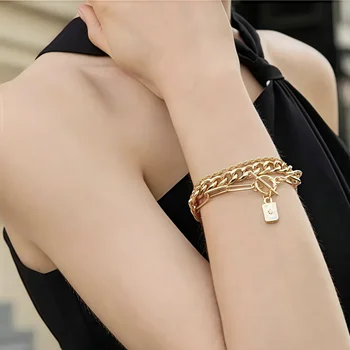 3-Piece Chunky Chain Fashion Bracelet Set—Creative Multi-Layer Gold Chain Bracelet Combination