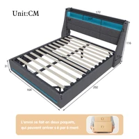 Каркас двуспальной кровати с обивкой 160x200 см, светодиодное освещение, зарядная станция, кровать для хранения с гидравлическим подъемником, без матраса, темно-серый — изображение 4