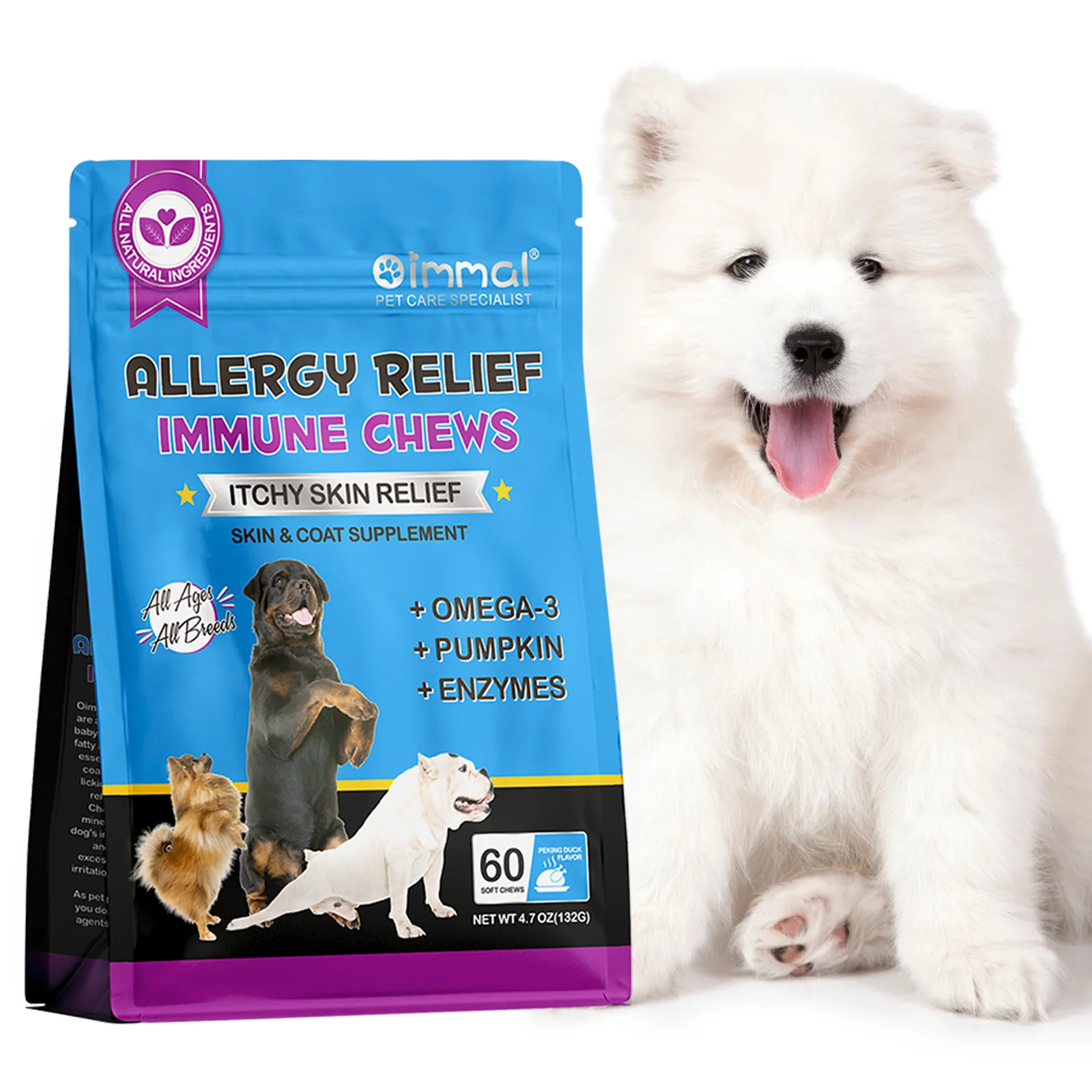 Dog Allergy Relief Chews Anti-Itch Skin & Coat Supplement Omega 3 60 Relief Treatment Pills Pumpkin Enzymes Peking Duck Flavor