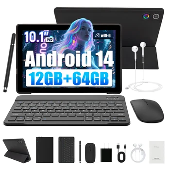 10.1 Inch Android 14 Tablet 12GB RAM 64GB ROM Face Unlock IPS HD Screen with Protective Case Stylus Keyboard Mouse Headphones 1