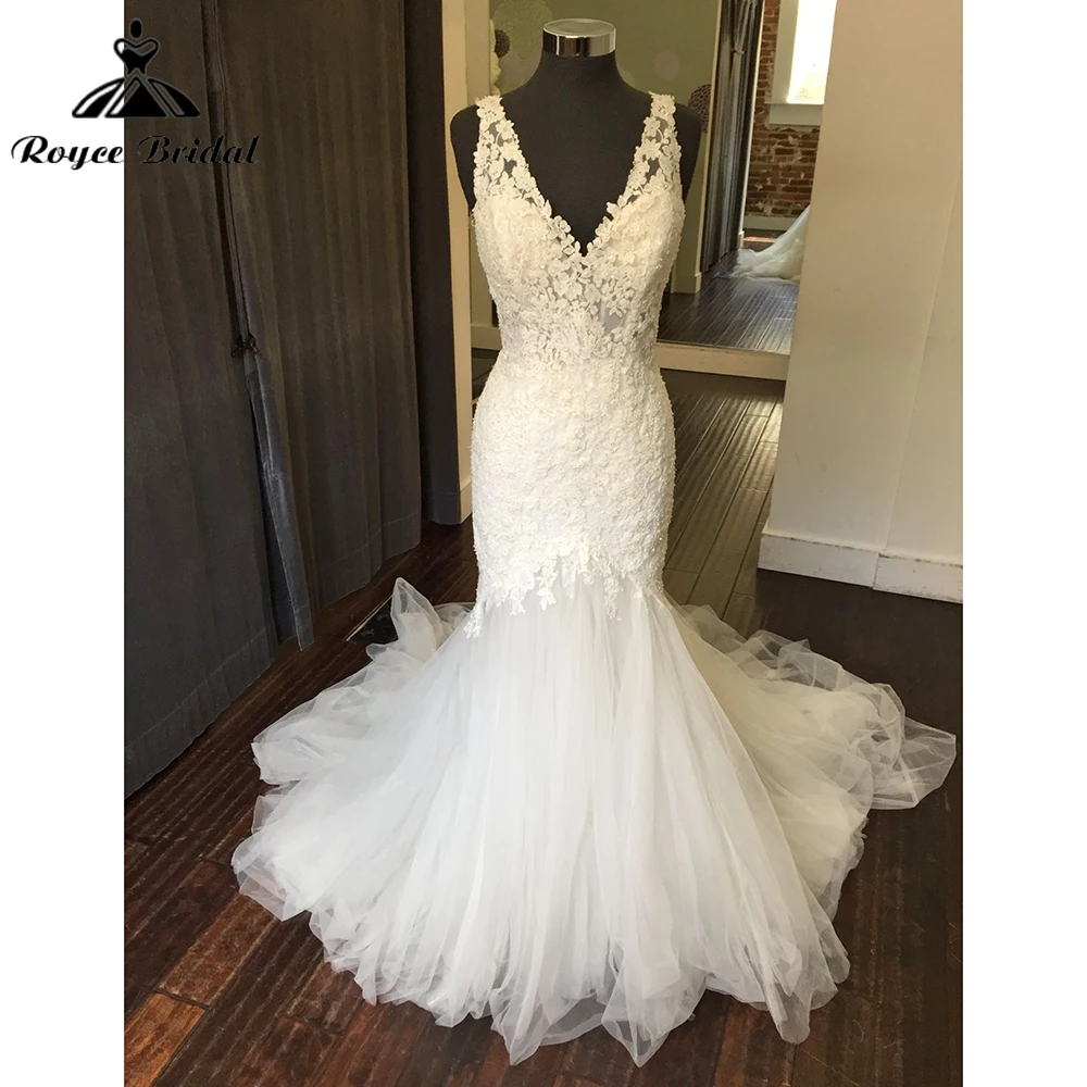 

Boho V Neck Off the Shoulder Back Button Lace Appliques Mermaid Wedding Dress For Women Bridal Gowns Sweep Vestido De Novia Robe
