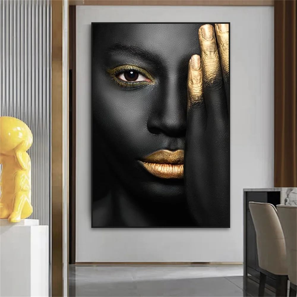 

Black Woman Portrait Art Print Canvas Painting Gold Lips and Hands Poster Abstract Wall Art Pictures Living Room Home Decoration