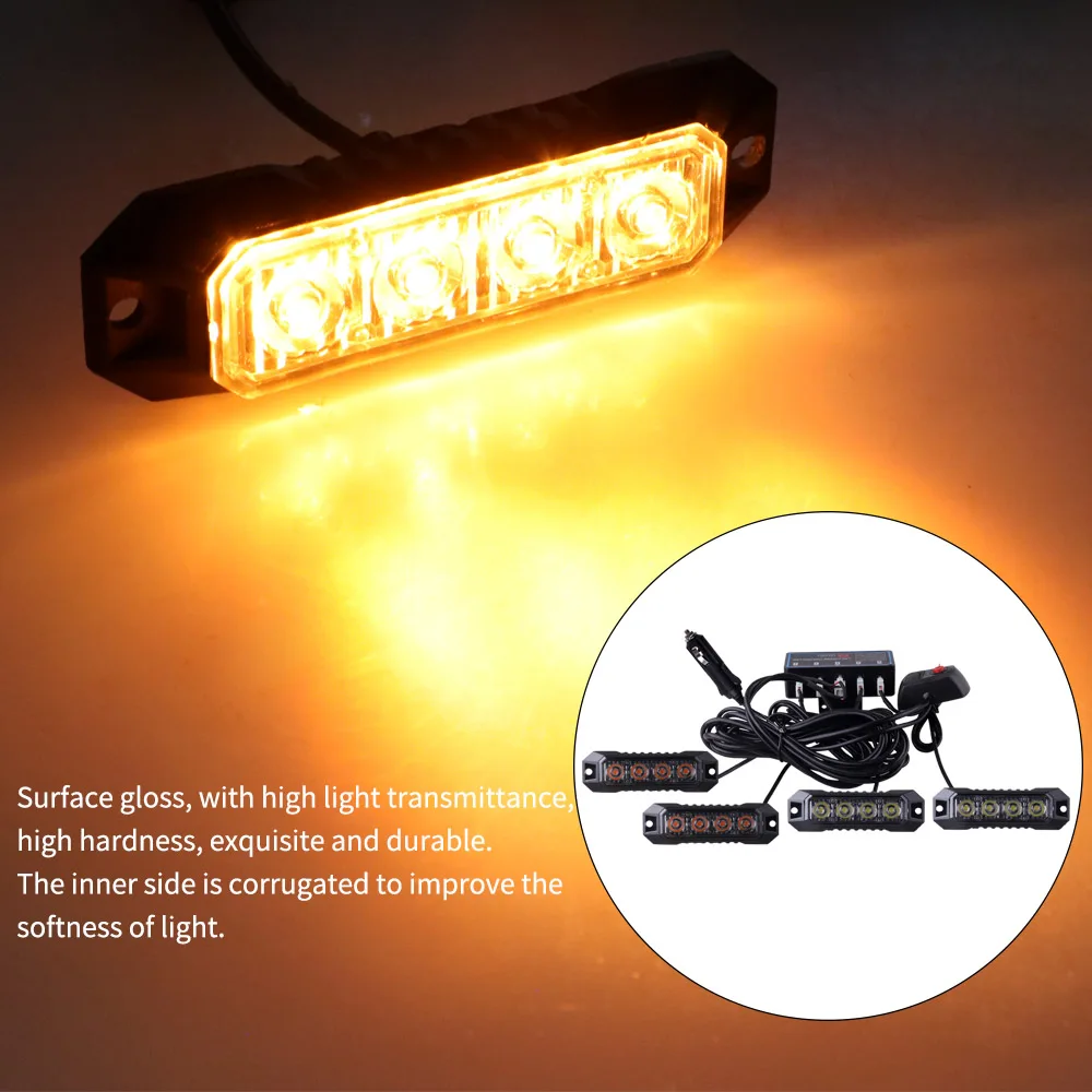 4-LED Car Universal Emergency Strobe Flashing Grill Lights Flashing Amber Light For Car Truck Van Off Road Vehicle Road Safety