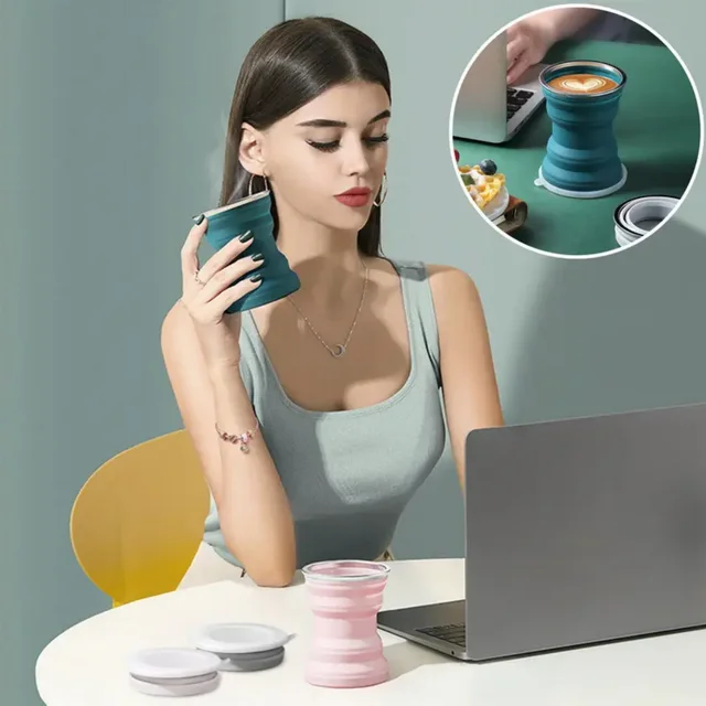 Portable Folding Silicone Water Cup, 320ml Outdoor Heat Resistant Foldable Mug with Lid Collapsible Travel Drinking Cups, Coffee 6