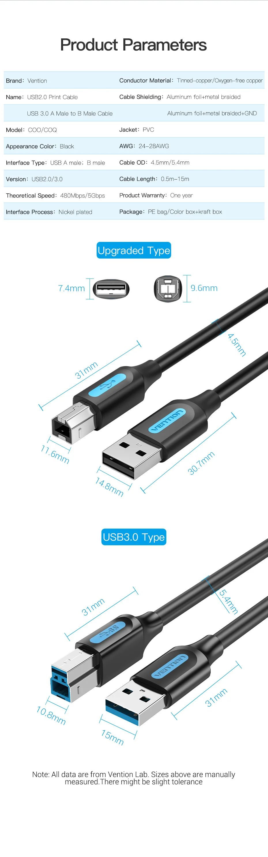 Lot De 10 Câbles USB 2.0 Vention – Type A Mâle Vers Type B Mâle – Pour Imprimante, Scanner
