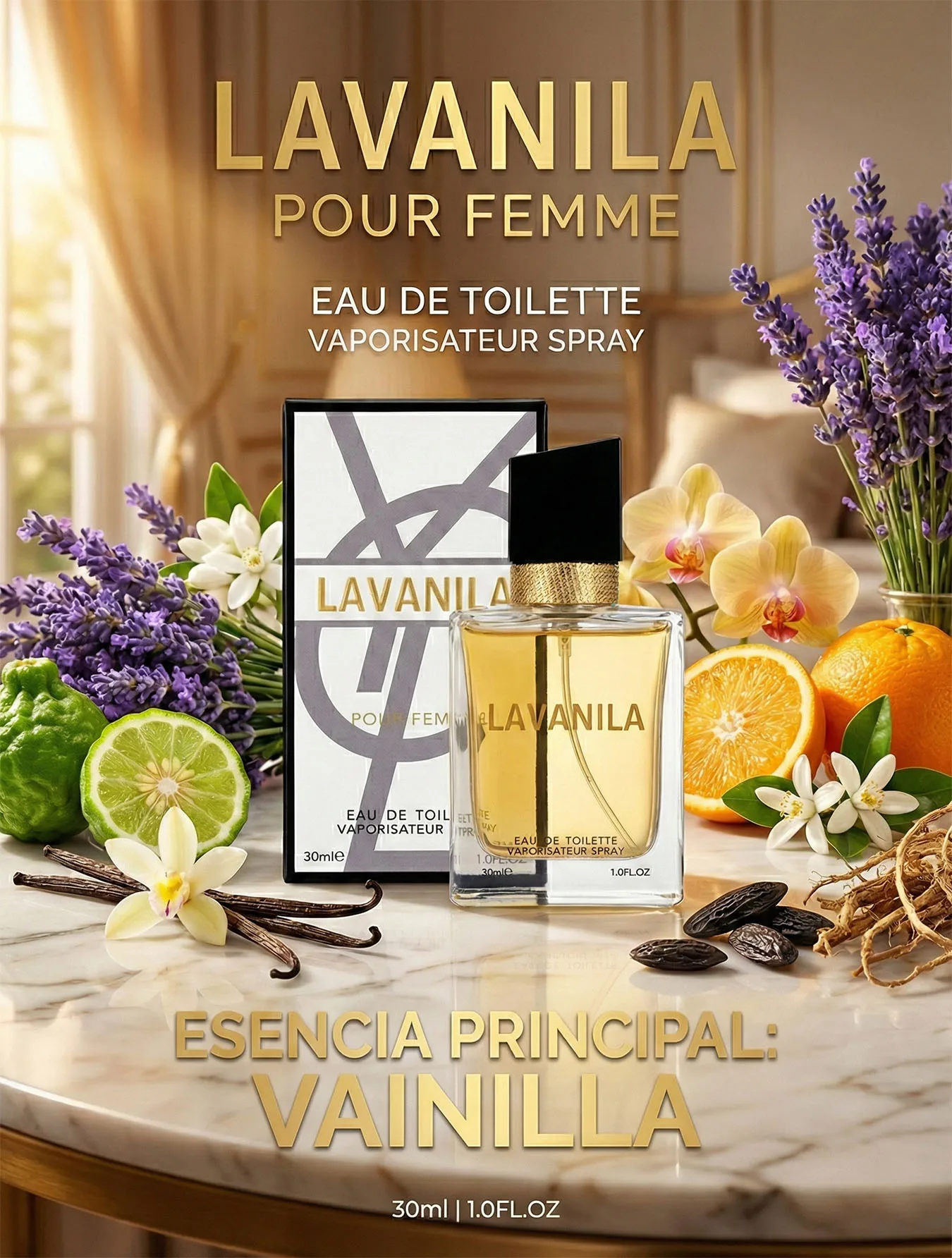LAVANILA POUR FEMME perfume mujer 30 ml eau de toilette spray aroma avainillado floral con lavanda cítricos jazmín y vainilla de Madagascar fragancia femenina elegante portátil para uso diario y ocasiones especiales