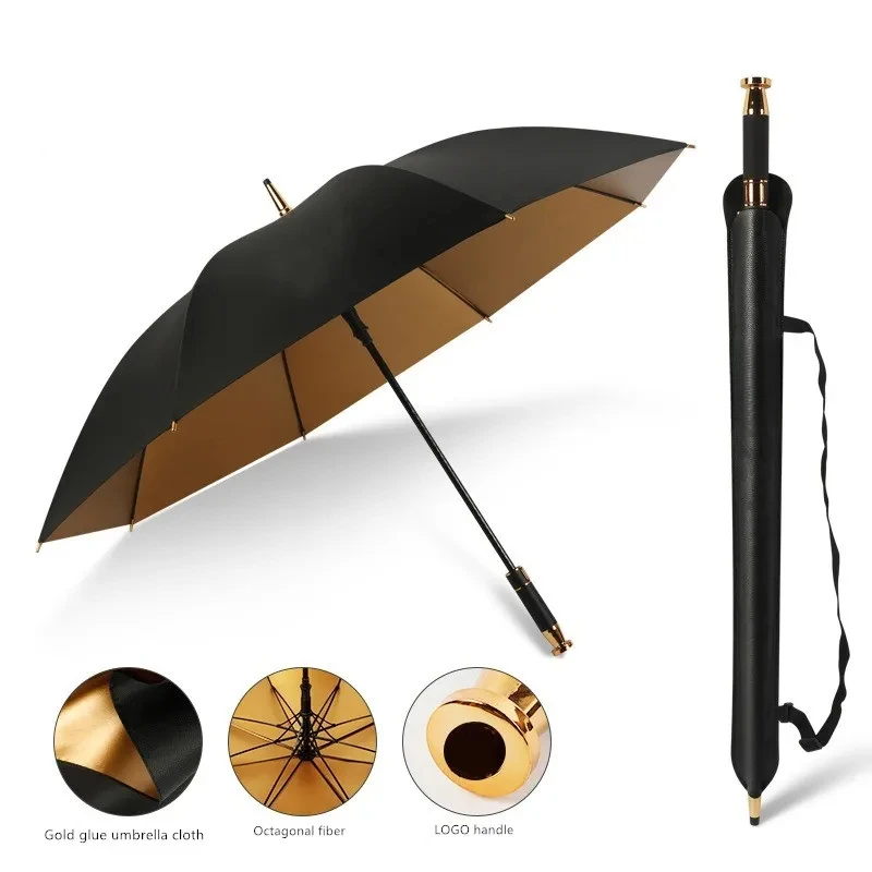 Fiber Long Handle Gold Glue Leather Case Golf Umbrella for Mercedes-Benz Rolls-Royce BMW Car Business Gift Umbrella