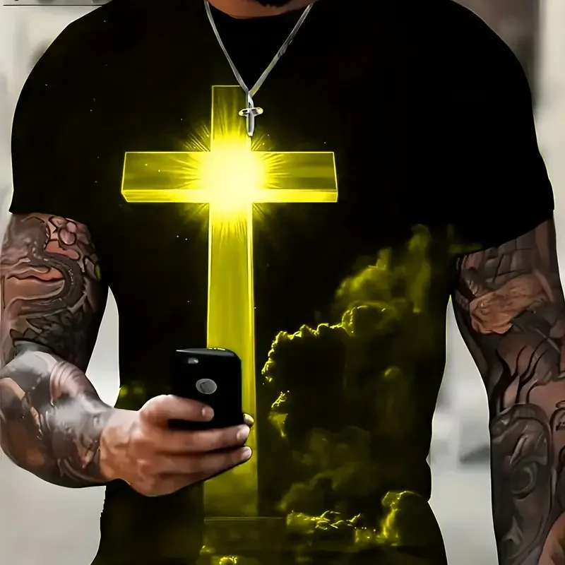 Camiseta masculina Jesus Cross estampada em 3D, Vintage, Harajuku Street Tops, T respirável, extragrande, camiseta esportiva, roupa casual 8 Af072107b9e49468e816019600992cb7fv