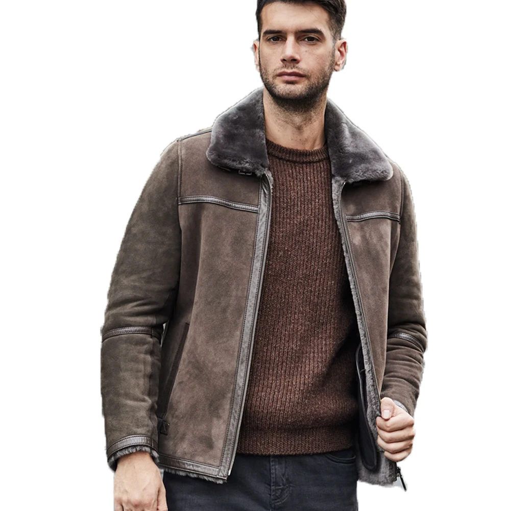 

Denny&Dora Mens Short Shearling Jacket Spain Imported Sheepskin Jacket Pilots Jacket Lapel Collar