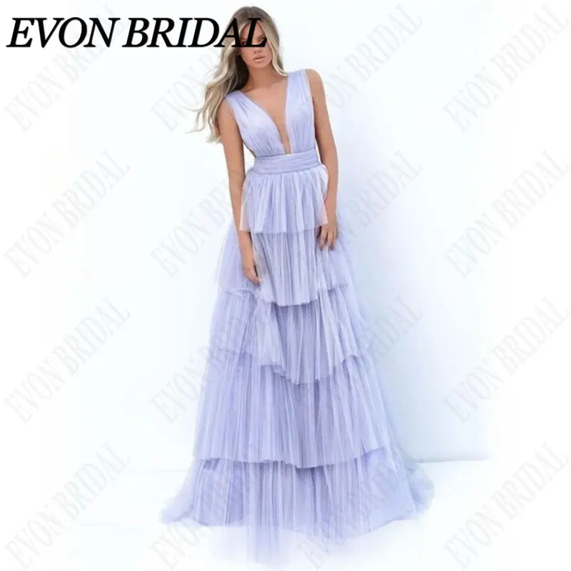 

EVON BRIDAL Spaghetti Strap Tulle Evening Dresses V-Neck A-Line Sleeveless Party Prom Gowns Tiered Vestidos De Noche Custom Made