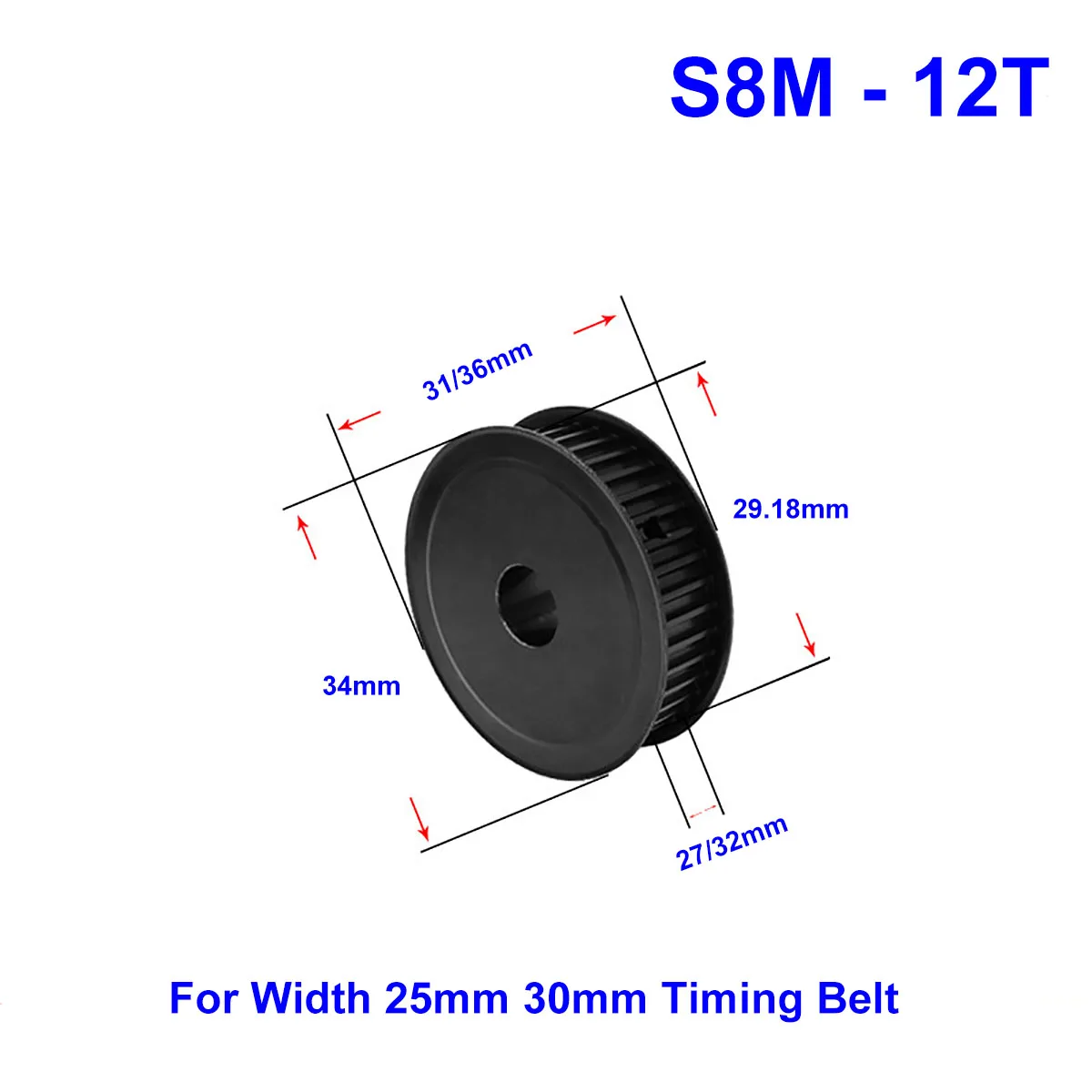 

45# Steel Timing Pulley S8M-12T Bore 8/10/12/14/15mm Keyway Synchronous Pulley Wheel For Width 25 / 30mm S8M Rubber Timing Belt