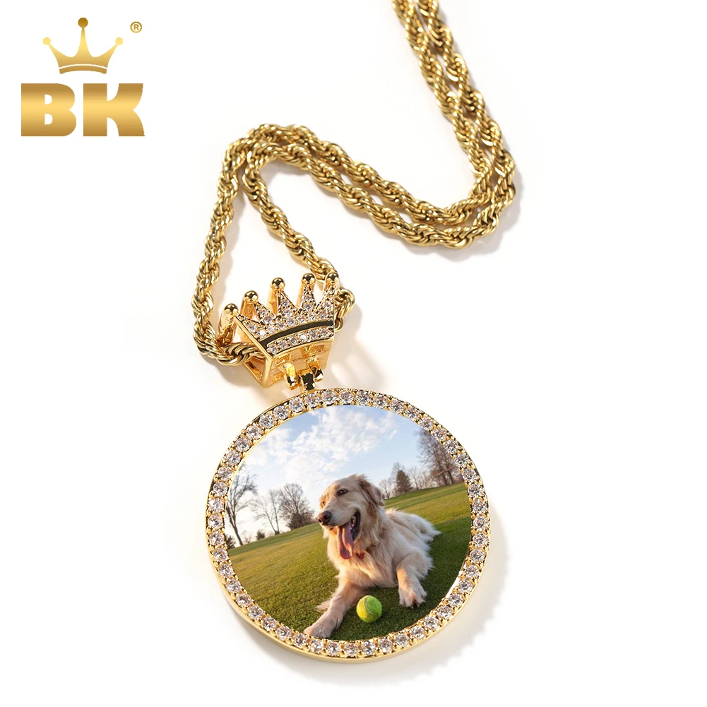 THE BLING KING Crown Clasp Medallions Custom Photo Memory Round Pendant Engrave Name HipHop Jewlery Personalized Men Women Gifts