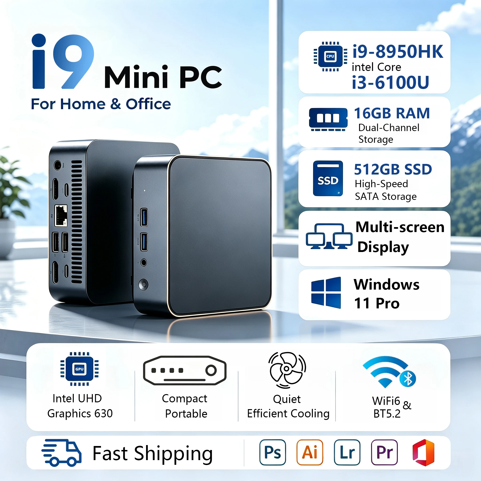 2026 Mini Host Intel Core i9 8950HK/i3 6100U 16GB DDR4 1/2TB SSD PC Windows 11 UHD Graphics Pocket PC 4K HD Mini Gaming Pc Desktop