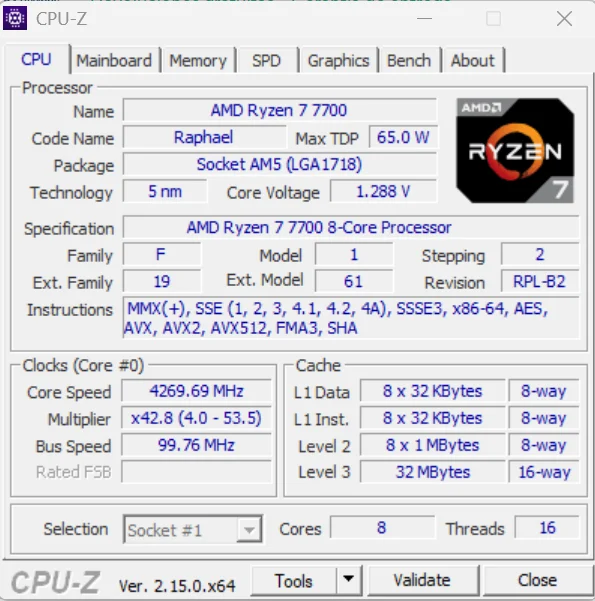 Procesador de juegos AMD Ryzen 7 7700 CPU de escritorio 65W 5,3 GHz 8 núcleos 16 hilos Zen 4 AM5 photo review