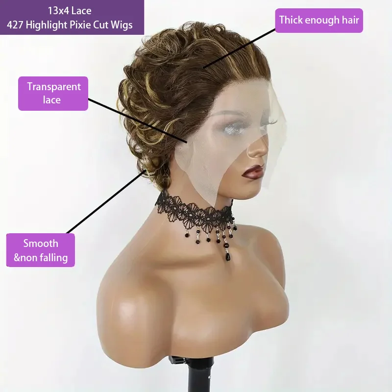4/27 Highlight Blonde Pixie Short Curly Bob Wigs 13x4 Lace Front Wig Pixie Cut Wig Short Deep Curly Transparent Lace Frontal