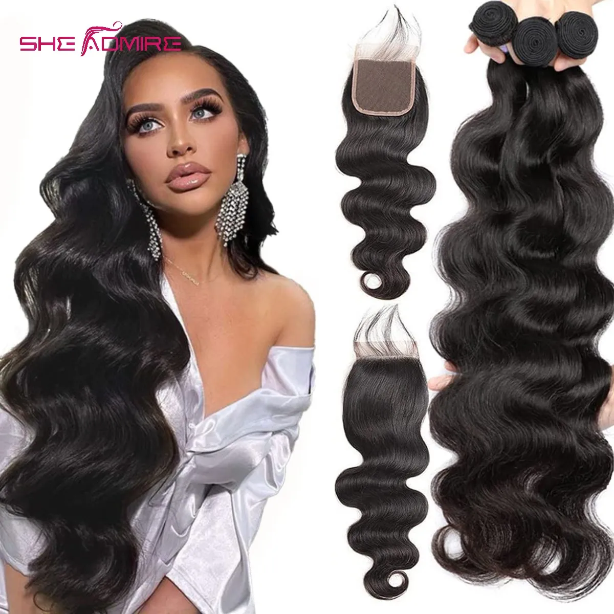 

Body Wave Bundles with Closure for Black Women Human Hair Bundles with Frontal Unprocessed Brazilian Hair Weave Natural Color